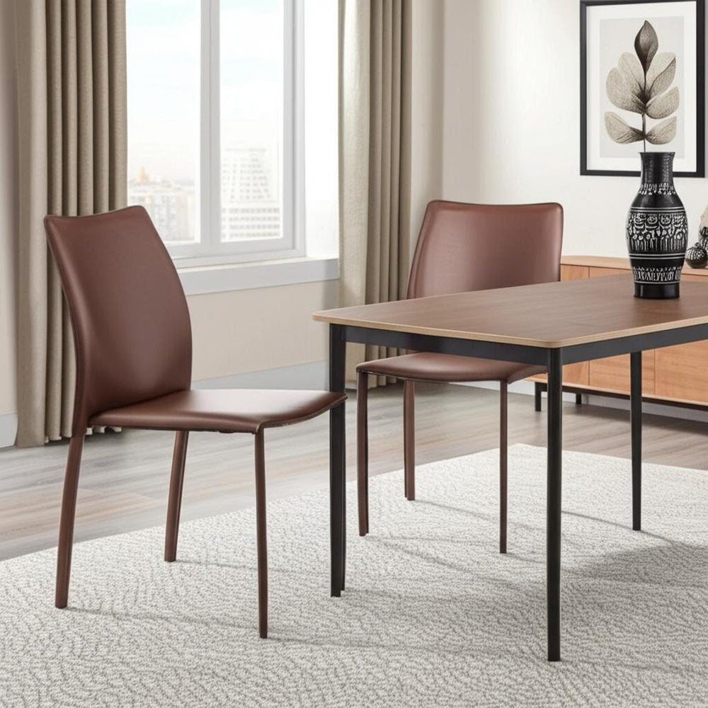 Set of Two Brown Upholstered Leather Dining Side Chairs
