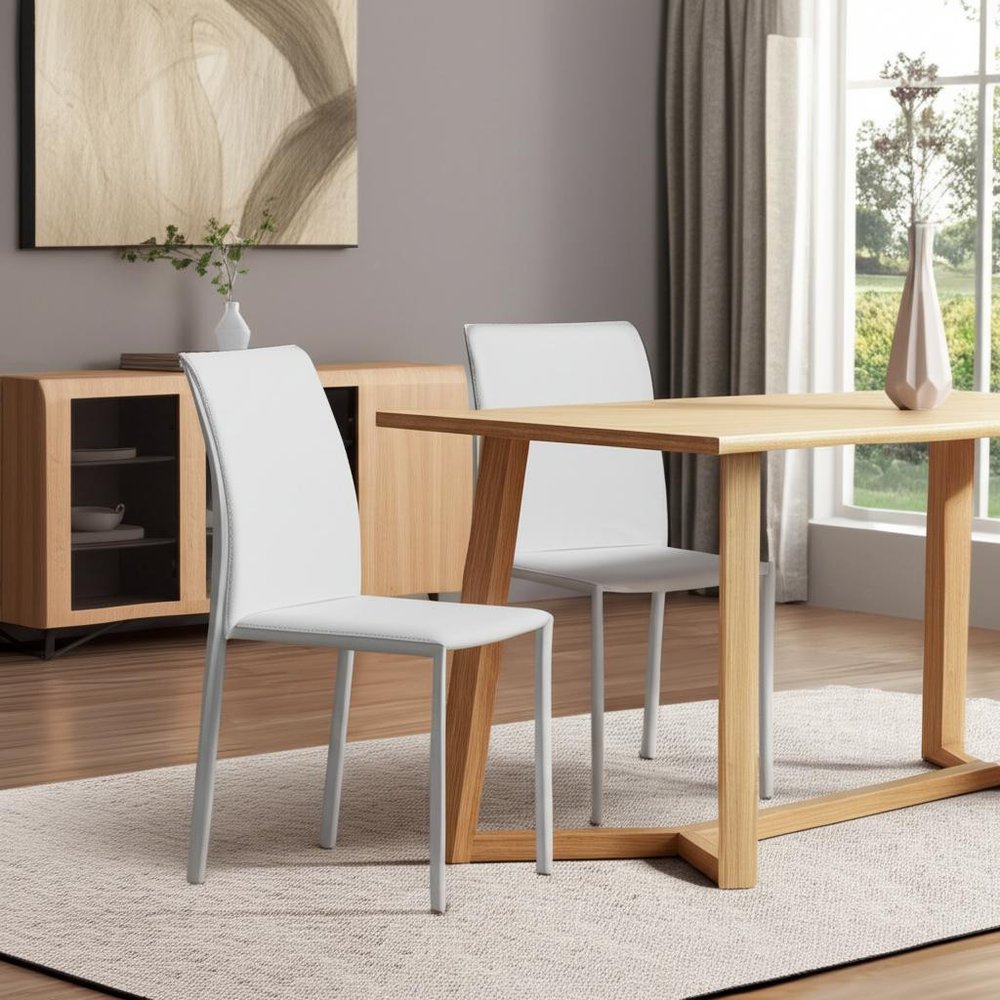 Set of Two White Upholstered Leather Dining Side Chairs