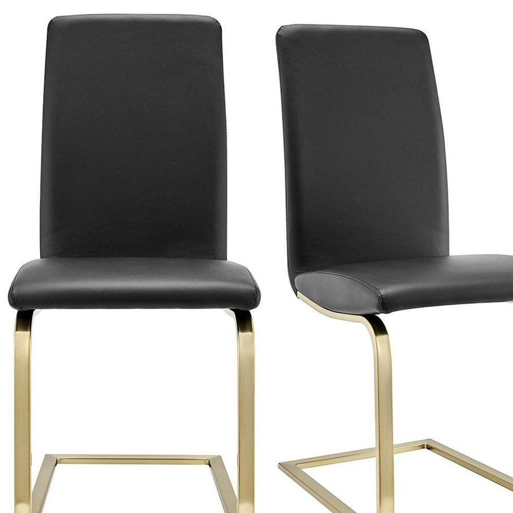 Set of Two Black and Gold Upholstered Leather Dining Side Chairs