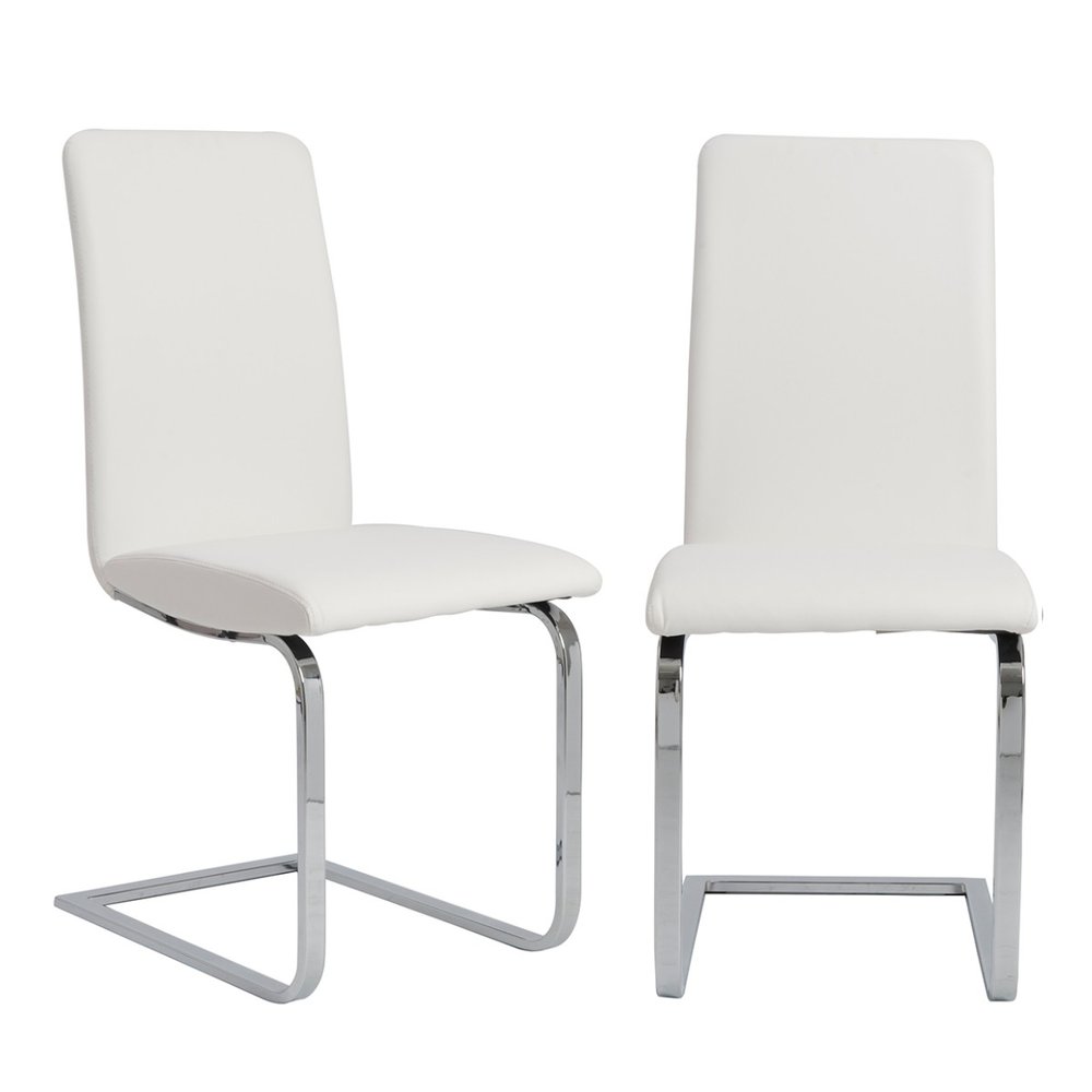 Set of Two White and Silver Upholstered Leather Dining Side Chairs