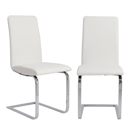 Set of Two White and Silver Upholstered Leather Dining Side Chairs