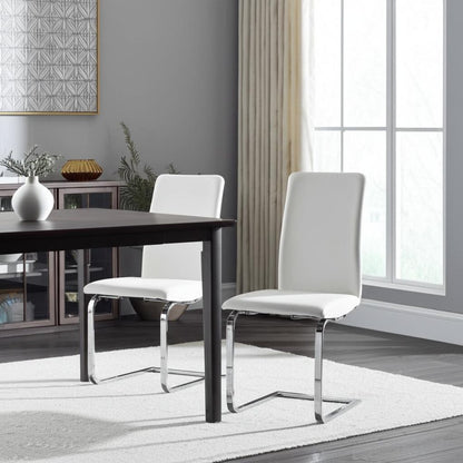 Set of Two White and Silver Upholstered Leather Dining Side Chairs