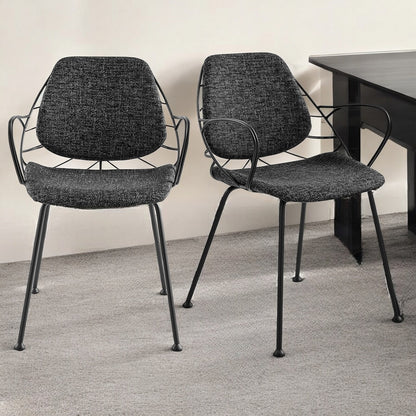 Set of Two Black Upholstered Fabric Dining Arm Chairs