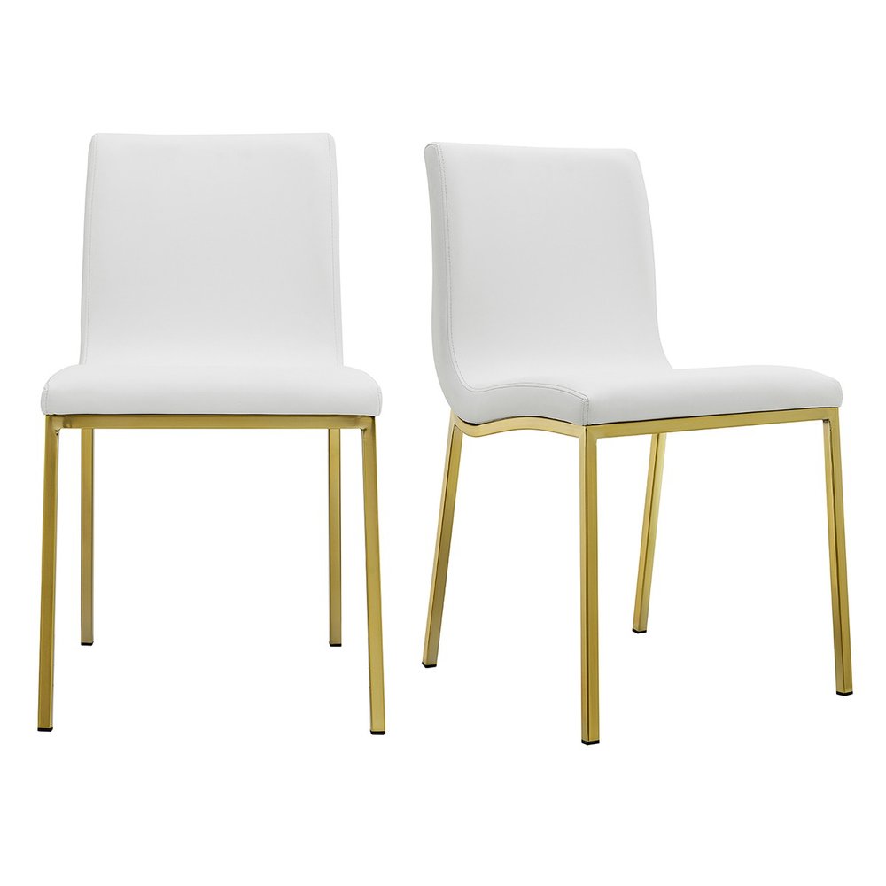 Set of Two White and Gold Upholstered Leather Dining Side Chairs