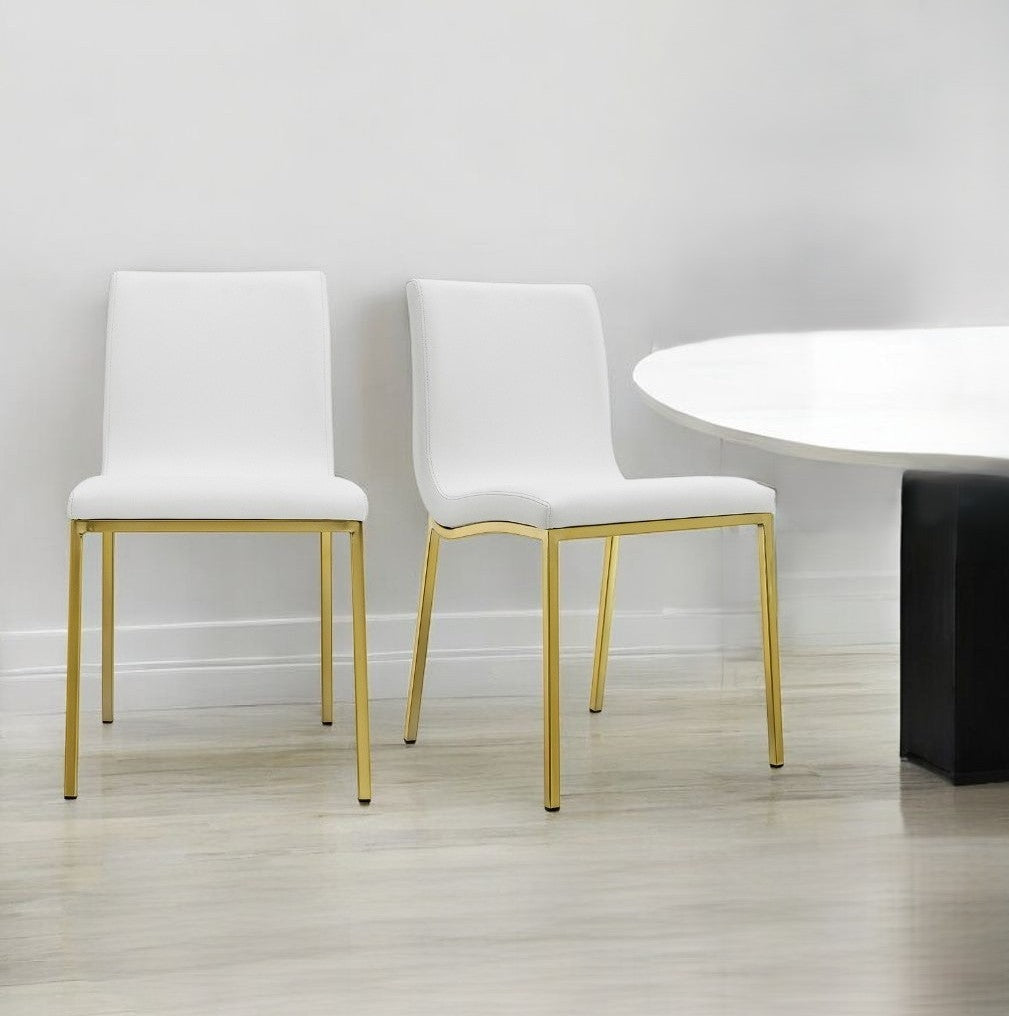 Set of Two White and Gold Upholstered Leather Dining Side Chairs