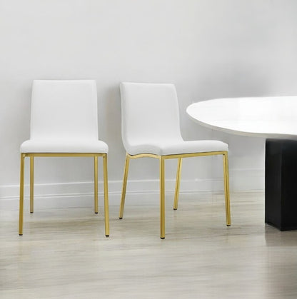 Set of Two White and Gold Upholstered Leather Dining Side Chairs