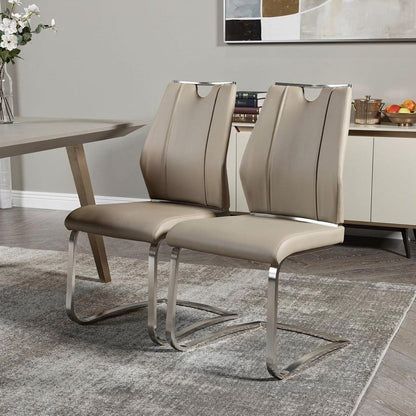 Set of Two Taupe and Silver Upholstered Leather Dining Side Chairs