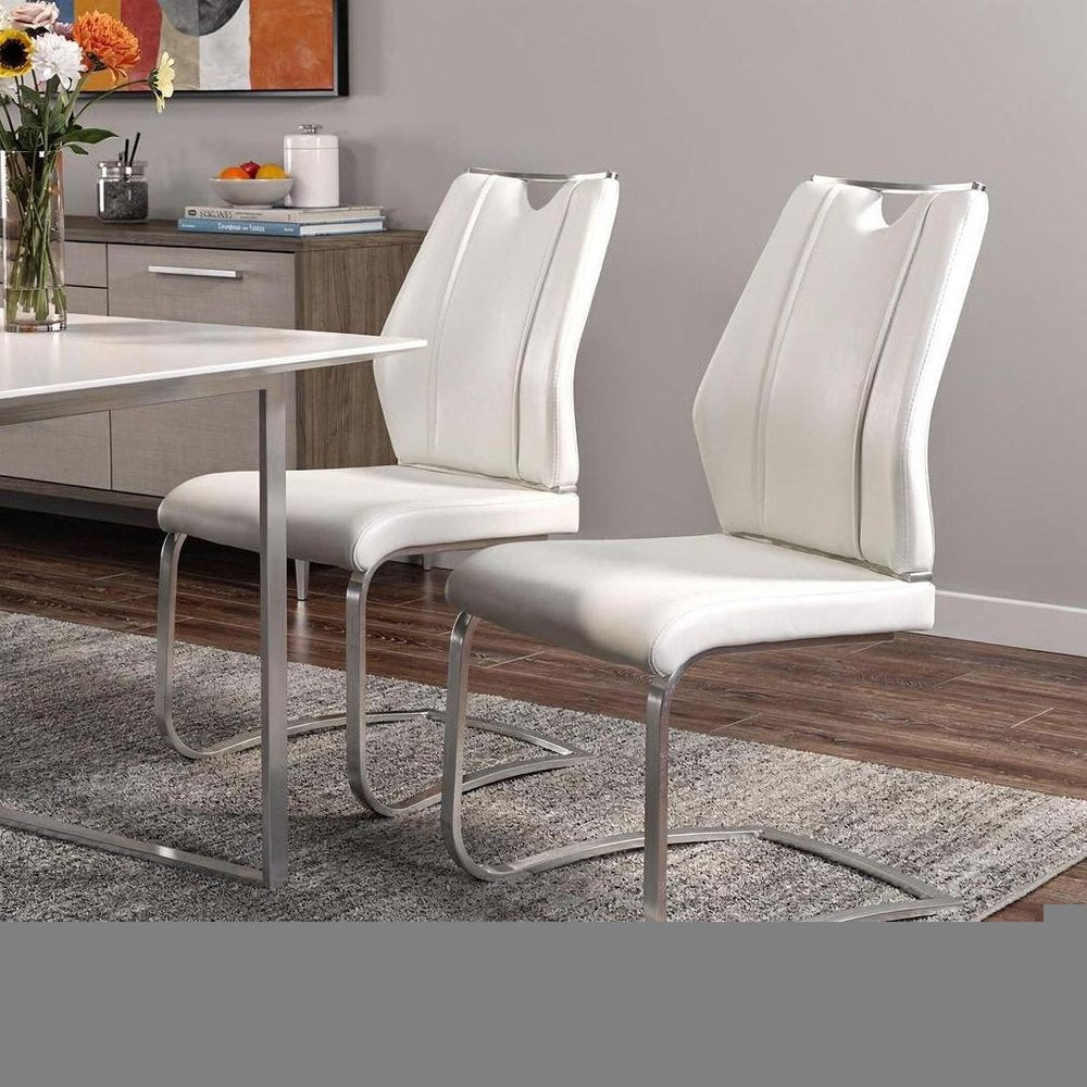 Set of Two White and Silver Upholstered Leather Dining Side Chairs