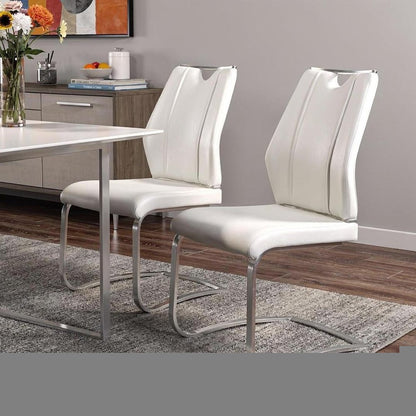 Set of Two White and Silver Upholstered Leather Dining Side Chairs