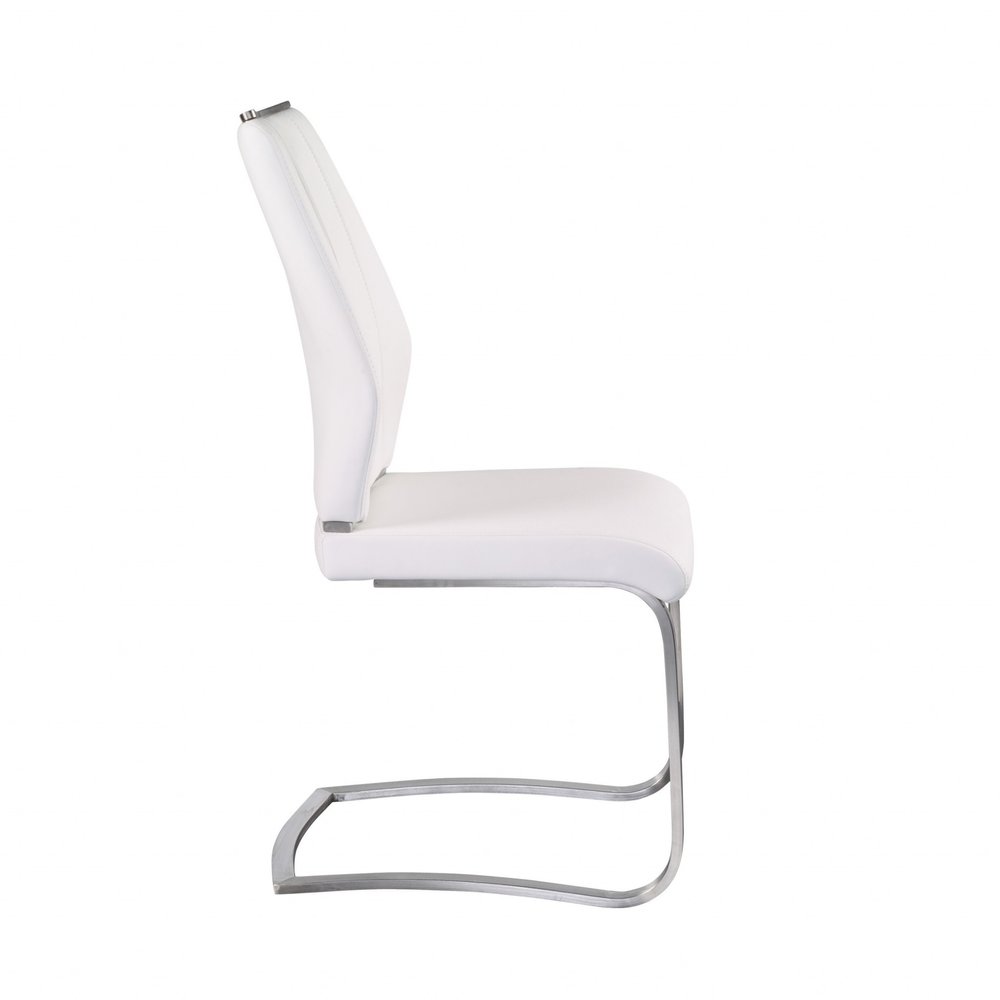 Set of Two White and Silver Upholstered Leather Dining Side Chairs