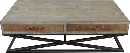 55" Brown and Black Solid Wood and Iron Distressed Frame Coffee Table With Two Drawers