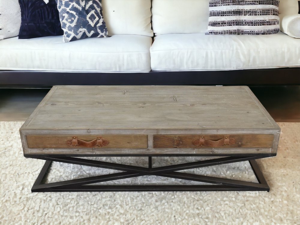 55" Brown and Black Solid Wood and Iron Distressed Frame Coffee Table With Two Drawers