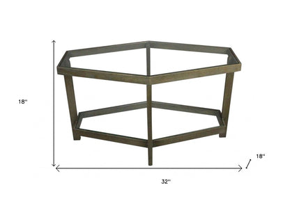 32" Clear and Brown Glass and Solid Wood Hexagon Distressed Frame Coffee Table
