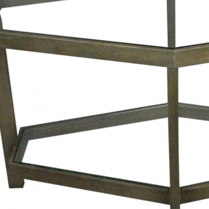 32" Clear and Brown Glass and Solid Wood Hexagon Distressed Frame Coffee Table