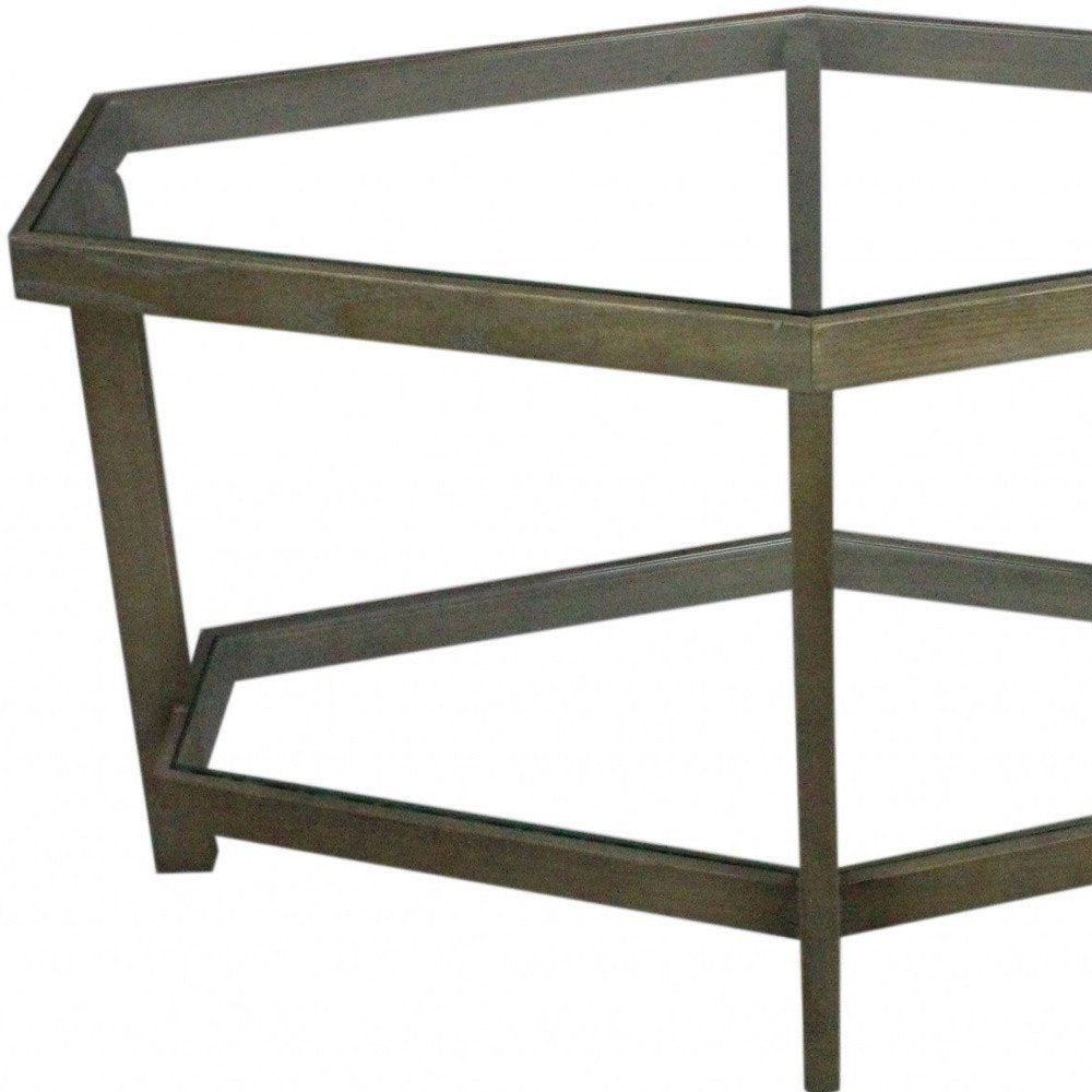 32" Clear and Brown Glass and Solid Wood Hexagon Distressed Frame Coffee Table