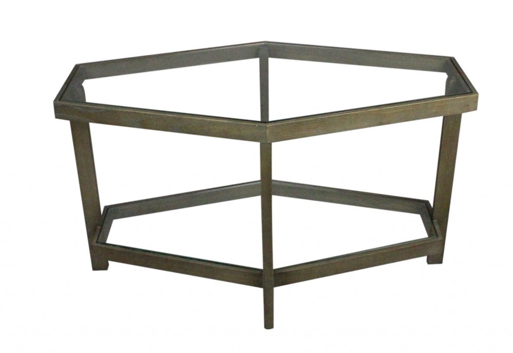 32" Clear and Brown Glass and Solid Wood Hexagon Distressed Frame Coffee Table