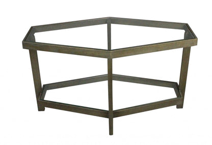 32" Clear and Brown Glass and Solid Wood Hexagon Distressed Frame Coffee Table