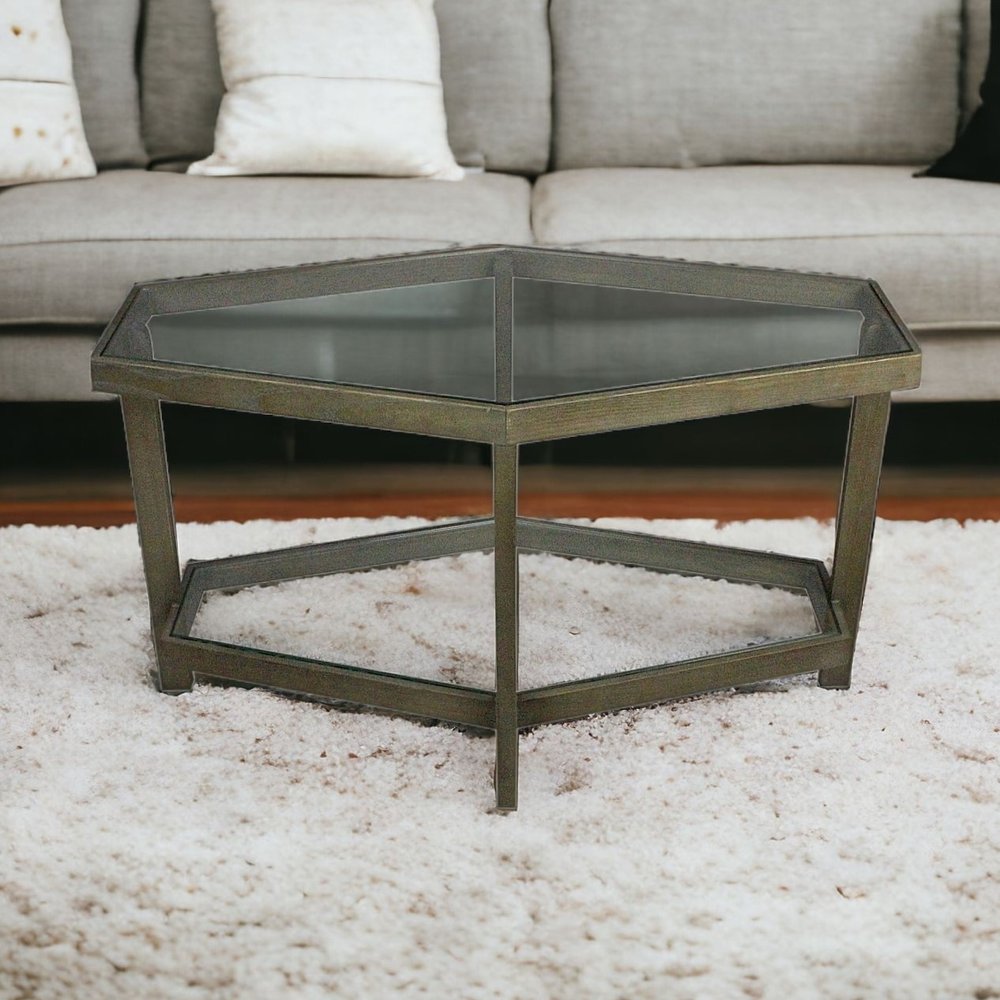 32" Clear and Brown Glass and Solid Wood Hexagon Distressed Frame Coffee Table