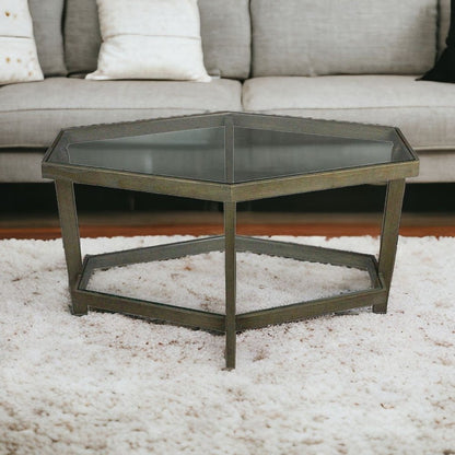 32" Clear and Brown Glass and Solid Wood Hexagon Distressed Frame Coffee Table