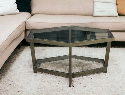 32" Clear and Brown Glass and Solid Wood Hexagon Distressed Frame Coffee Table