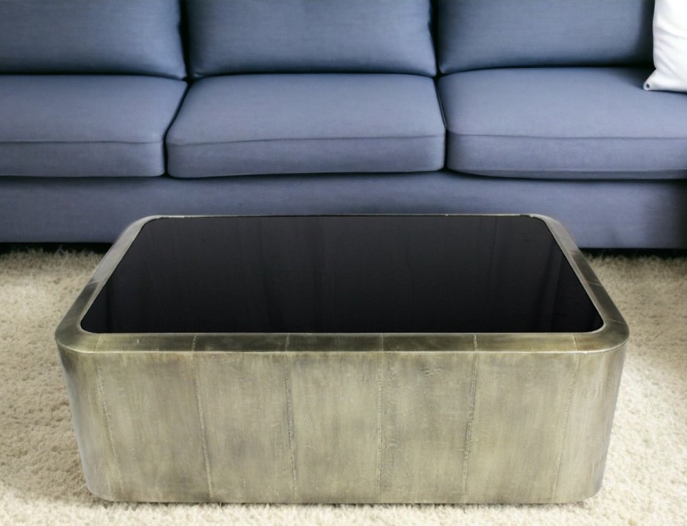54" Black And Silver Glass And Metal Solid Coffee Table