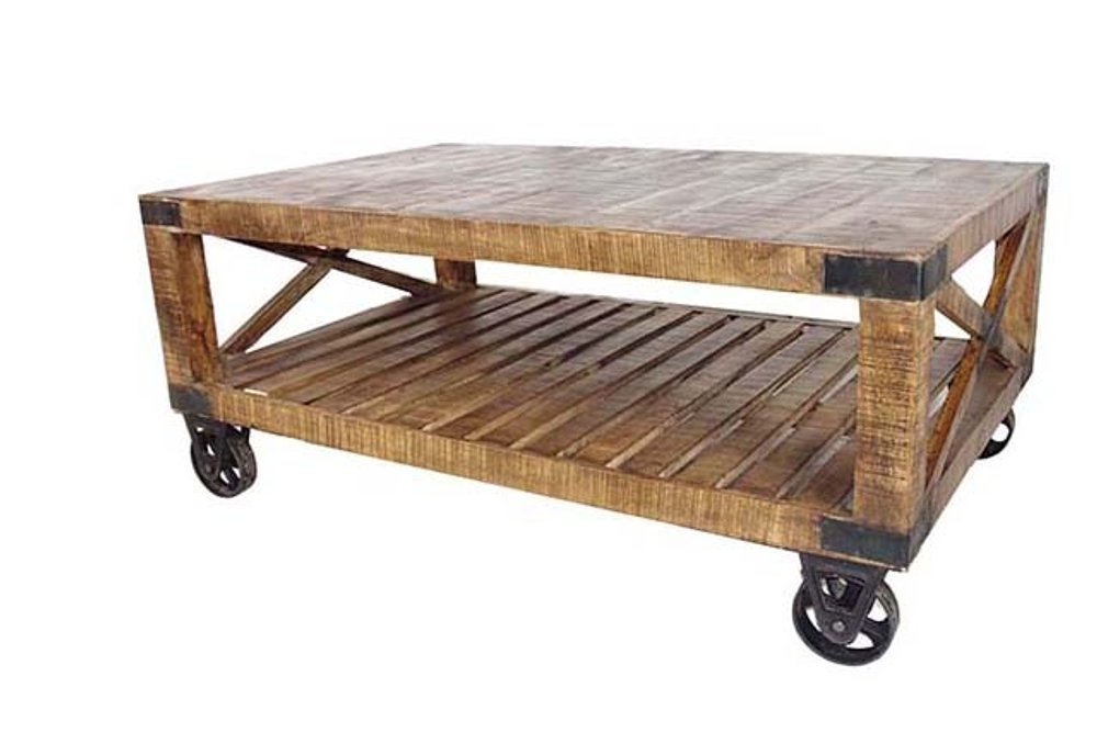 48" Brown Solid Wood Distressed Floor Shelf Coffee Table With Shelf