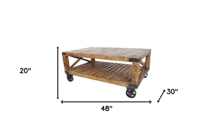 48" Brown Solid Wood Distressed Floor Shelf Coffee Table With Shelf