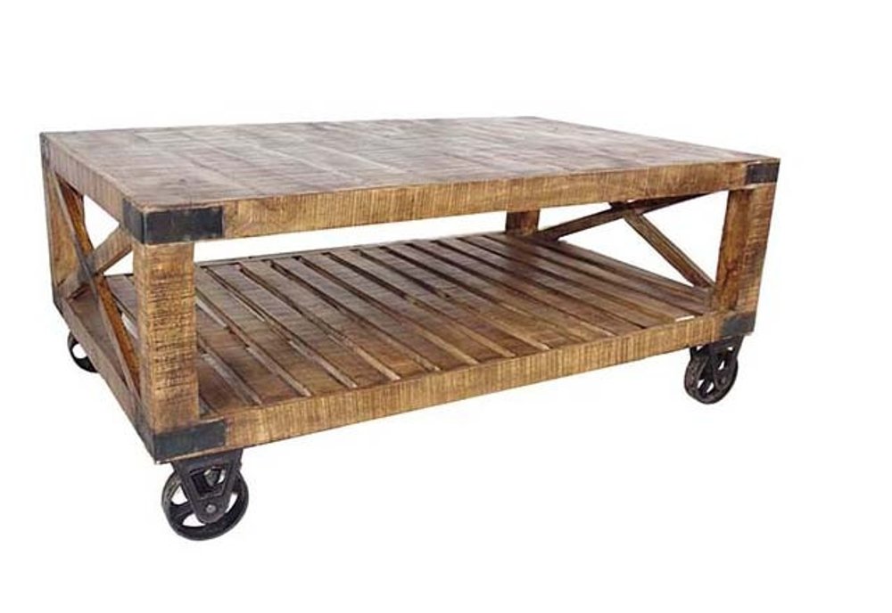 48" Brown Solid Wood Distressed Floor Shelf Coffee Table With Shelf