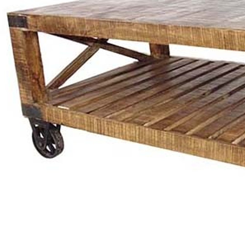 48" Brown Solid Wood Distressed Floor Shelf Coffee Table With Shelf
