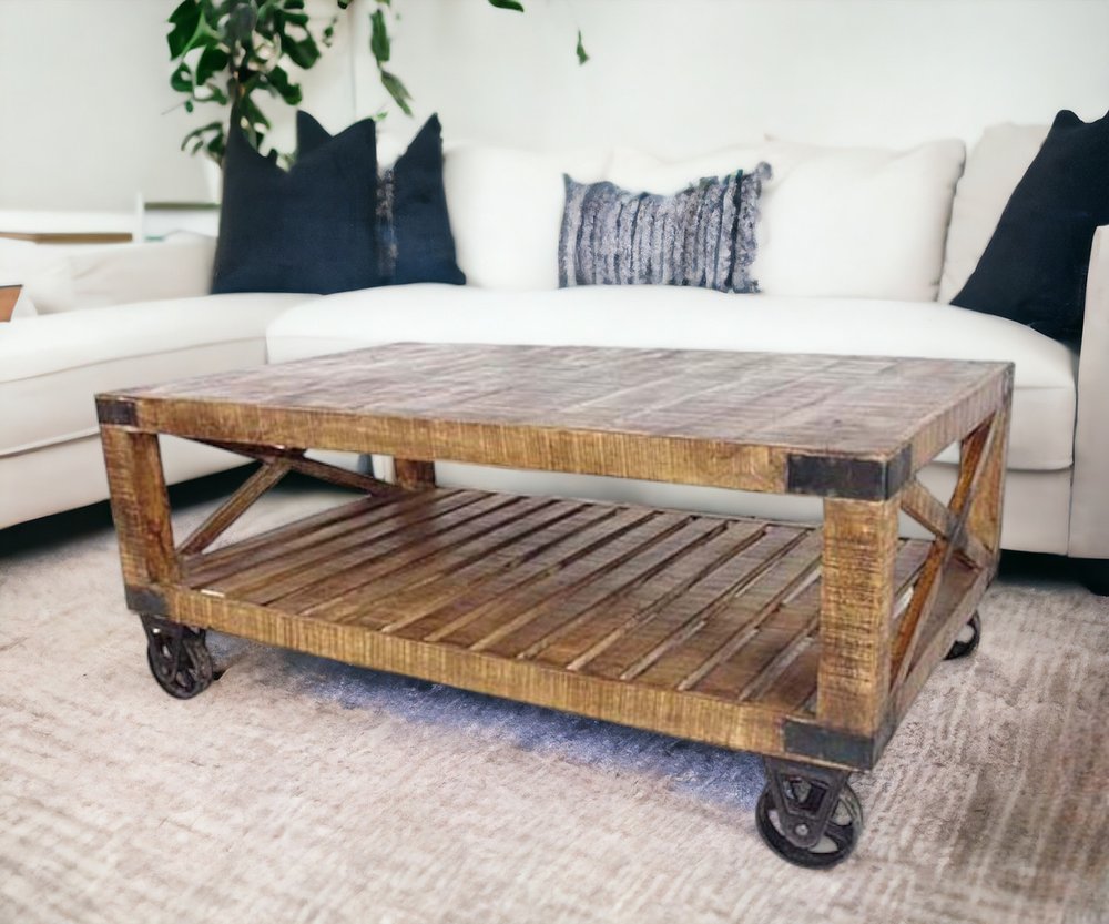 48" Brown Solid Wood Distressed Floor Shelf Coffee Table With Shelf
