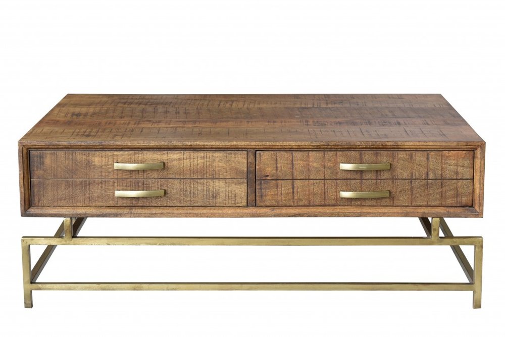 48" Brown and Brass Solid Wood and Metal Frame Coffee Table With Four Drawers