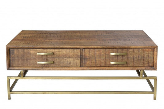 48" Brown and Brass Solid Wood and Metal Frame Coffee Table With Four Drawers