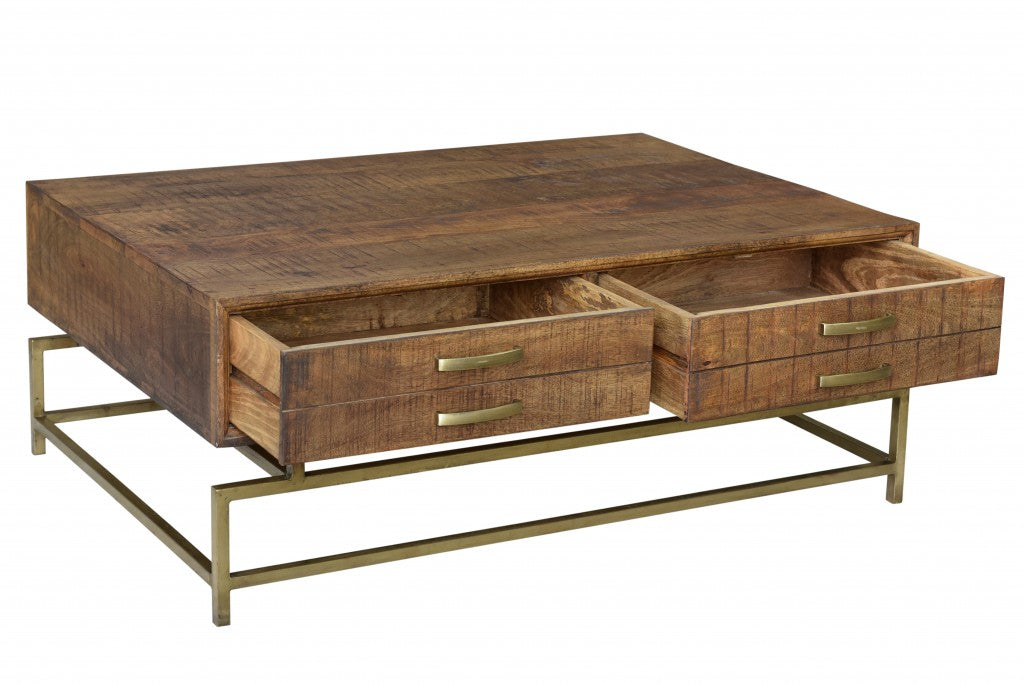48" Brown and Brass Solid Wood and Metal Frame Coffee Table With Four Drawers