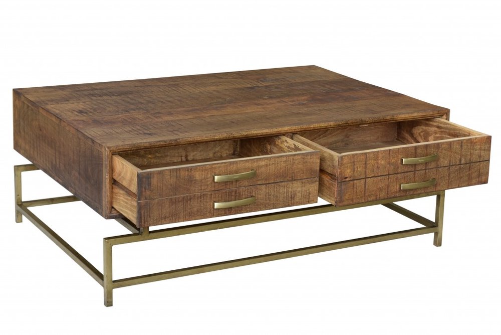 48" Brown and Brass Solid Wood and Metal Frame Coffee Table With Four Drawers