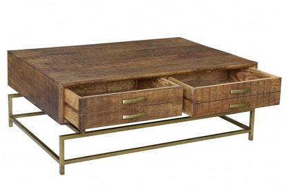48" Brown and Brass Solid Wood and Metal Frame Coffee Table With Four Drawers