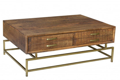 48" Brown and Brass Solid Wood and Metal Frame Coffee Table With Four Drawers