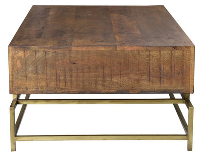 48" Brown and Brass Solid Wood and Metal Frame Coffee Table With Four Drawers