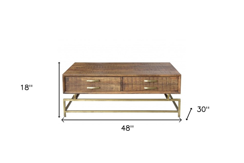 48" Brown and Brass Solid Wood and Metal Frame Coffee Table With Four Drawers
