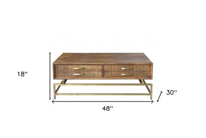 48" Brown and Brass Solid Wood and Metal Frame Coffee Table With Four Drawers