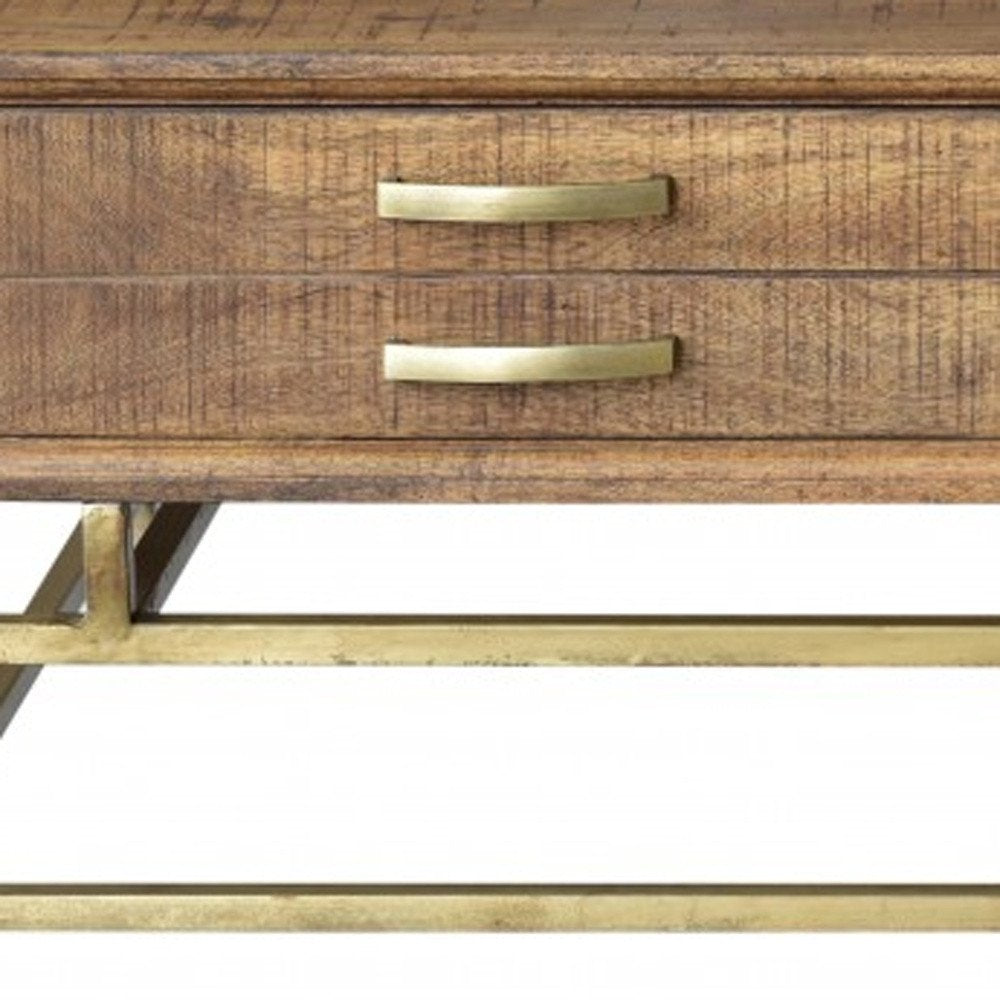 48" Brown and Brass Solid Wood and Metal Frame Coffee Table With Four Drawers