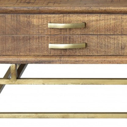 48" Brown and Brass Solid Wood and Metal Frame Coffee Table With Four Drawers