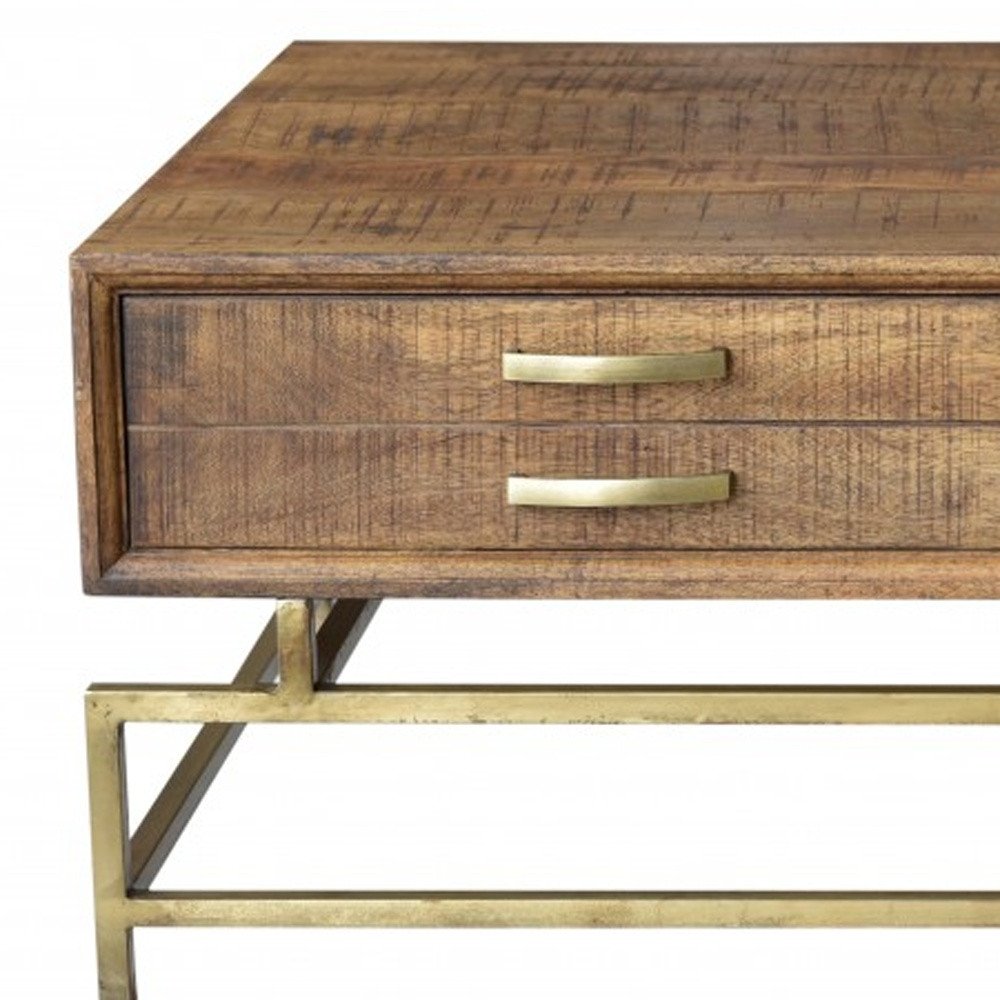 48" Brown and Brass Solid Wood and Metal Frame Coffee Table With Four Drawers