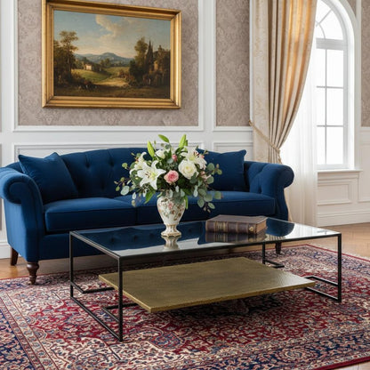 54" Clear and Black Glass and Iron Floor Shelf Coffee Table With Shelf