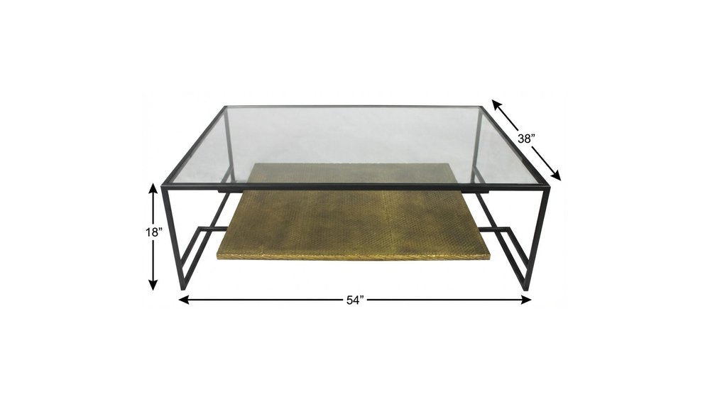 54" Clear and Black Glass and Iron Floor Shelf Coffee Table With Shelf