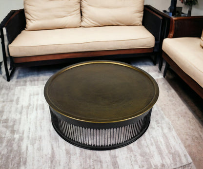 44" Brass Brass and Iron Round Frame Coffee Table