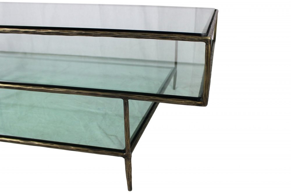 54" Clear and Brass Glass and Iron Coffee Table