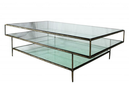54" Clear and Brass Glass and Iron Coffee Table