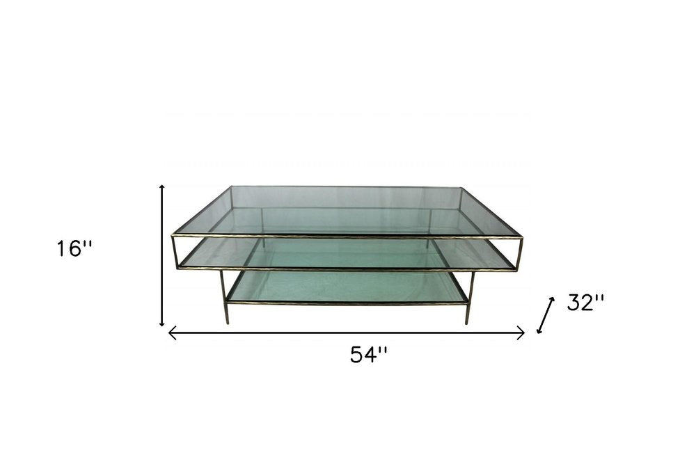 54" Clear and Brass Glass and Iron Coffee Table