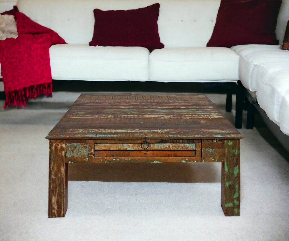 40" Green and Brown Solid Wood Square Coffee Table With Drawer