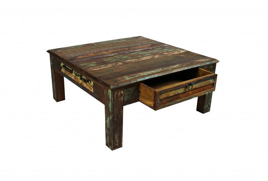 40" Green and Brown Solid Wood Square Coffee Table With Drawer